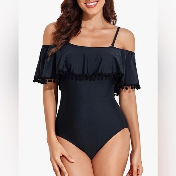 Tempt Me Off Shoulder One Piece Swimsuit for Women Ruffled Retro Bathing Suit M - Picture 1 of 2